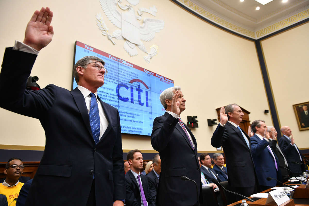 The CEOs of the largest Wall Street banks are sworn in before they testify before the House Financial Services Committee in the Rayburn House Office Building on Capitol Hill in Washington, D.C. on April 10, 2019.