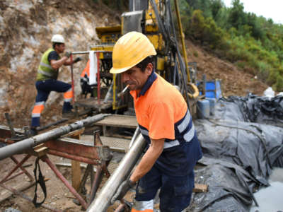 A worker operates a drilling rig at the Barroso mine near Boticas, northern Portugal, on September 3, 2018.