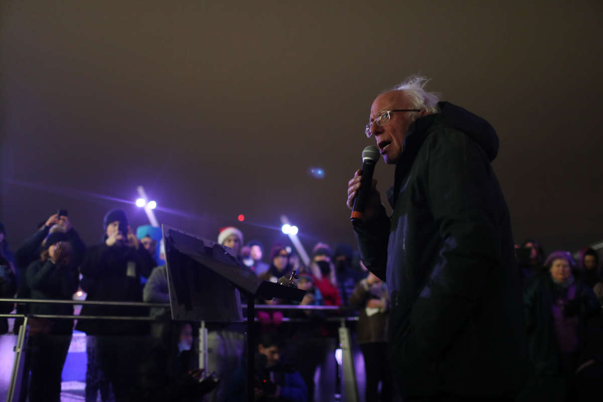 Democratic presidential candidate Sen. Bernie Sanders speaks during a Menorah Lighting at Chanukah on Ice campaign event at Brenton Skating Plaza on December 29, 2019, in Des Moines, Iowa.