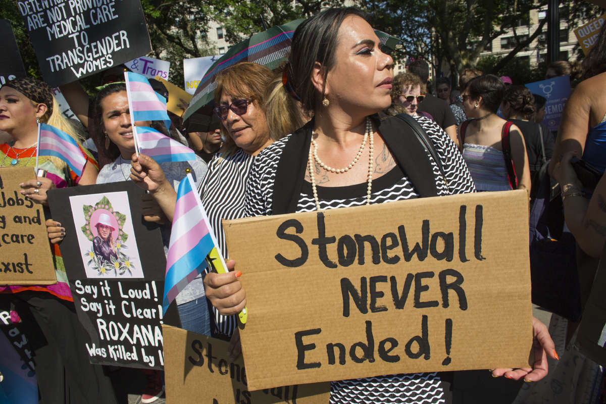 The trans community and supporters hold a rally on the 50th anniversary of the Stonewall riots to call attention to the continuation of the struggle for LGBTQ liberation on June 28, 2019, in Washington Square Park in New York City.