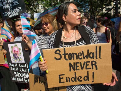The trans community and supporters hold a rally on the 50th anniversary of the Stonewall riots to call attention to the continuation of the struggle for LGBTQ liberation on June 28, 2019, in Washington Square Park in New York City.