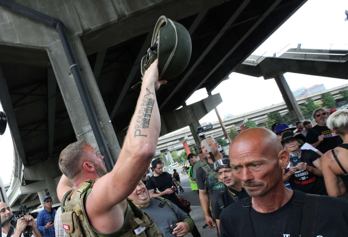 Alt-right groups, including the Proud Boys, hold a rally on August 17, 2019, in Portland, Oregon. Anti-fascism demonstrators gathered to counter-protest the rally held by far-right, extremist groups.