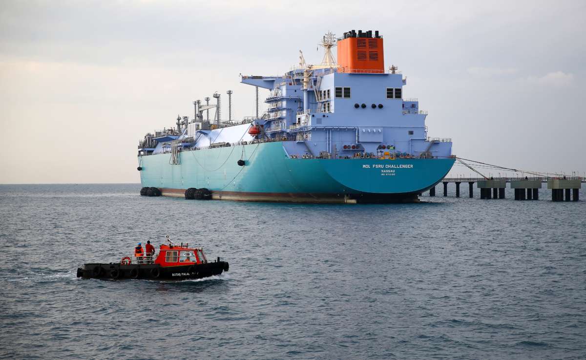 BOTAS' Floating Storage Regasification Unit (FSRU) ship, which is a vital component required while transiting and transferring Liquefied Natural Gas (LNG) through the oceanic channels, is seen docked on a harbor in Hatay, Turkey on January 2, 2019.