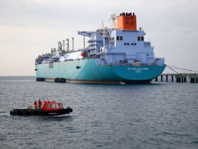 BOTAS' Floating Storage Regasification Unit (FSRU) ship, which is a vital component required while transiting and transferring Liquefied Natural Gas (LNG) through the oceanic channels, is seen docked on a harbor in Hatay, Turkey on January 2, 2019.