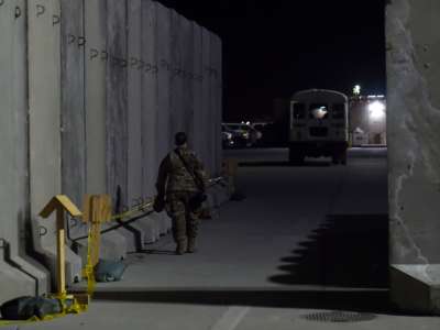 A U.S. soldier walks at Bagram Air Field, on November 28, 2019, in Afghanistan.