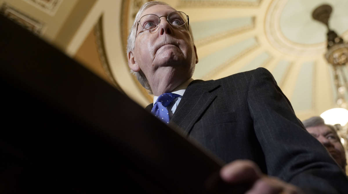 Senate Majority Leader Mitch McConnell (R-KY) listens to questions from the media during a press conference following weekly policy luncheons at the U.S. Capitol on December 10, 2019, in Washington, D.C.