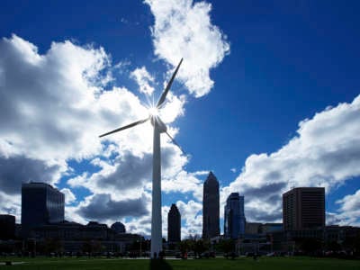 A wind turbine amid the downtown skyline on October 9, 2016 in Cleveland, Ohio.