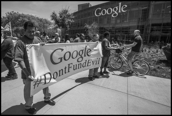 Security guards, employed by a contractor at the Google Mountain View campus, demonstrate for their right to have a union. Many Google workers supported their demonstrations.