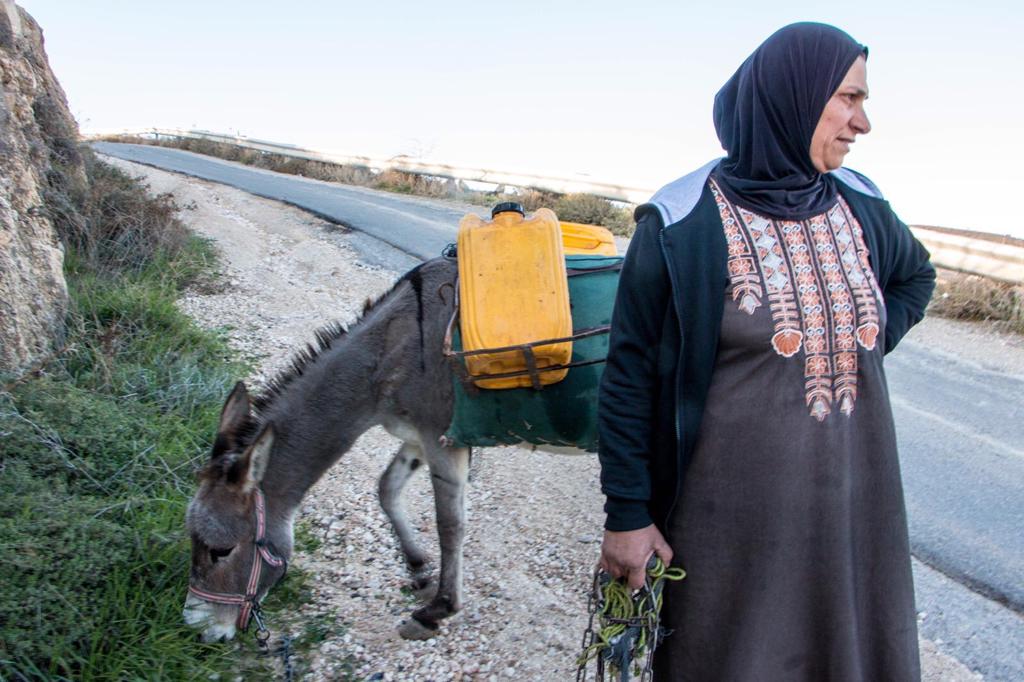 A woman stands in front of her donkey bearing jugs of water