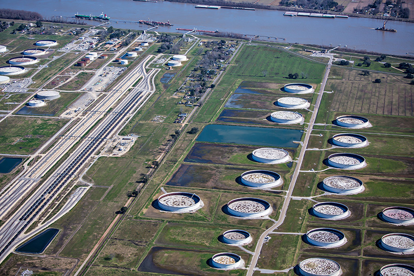 an aerial shot of of an oil refinery