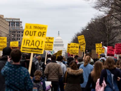 Antiwar protesters march during a demonstration against war in Iraq and Iran on January 4, 2020, in Washington, D.C.