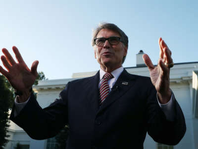 Then-U.S. Secretary of Energy Rick Perry speaks to the media in the White House driveway on October 23, 2019, in Washington, D.C.