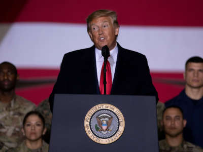 President Trump speaks at a signing ceremony on December 20, 2019, in Joint Base Andrews, Maryland.