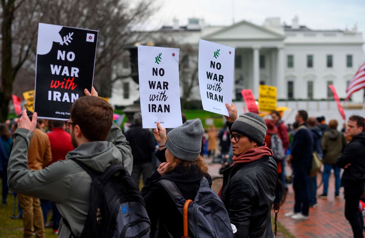 Anti-war activists protest in front of the White House in Washington, D.C., on January 4, 2020.