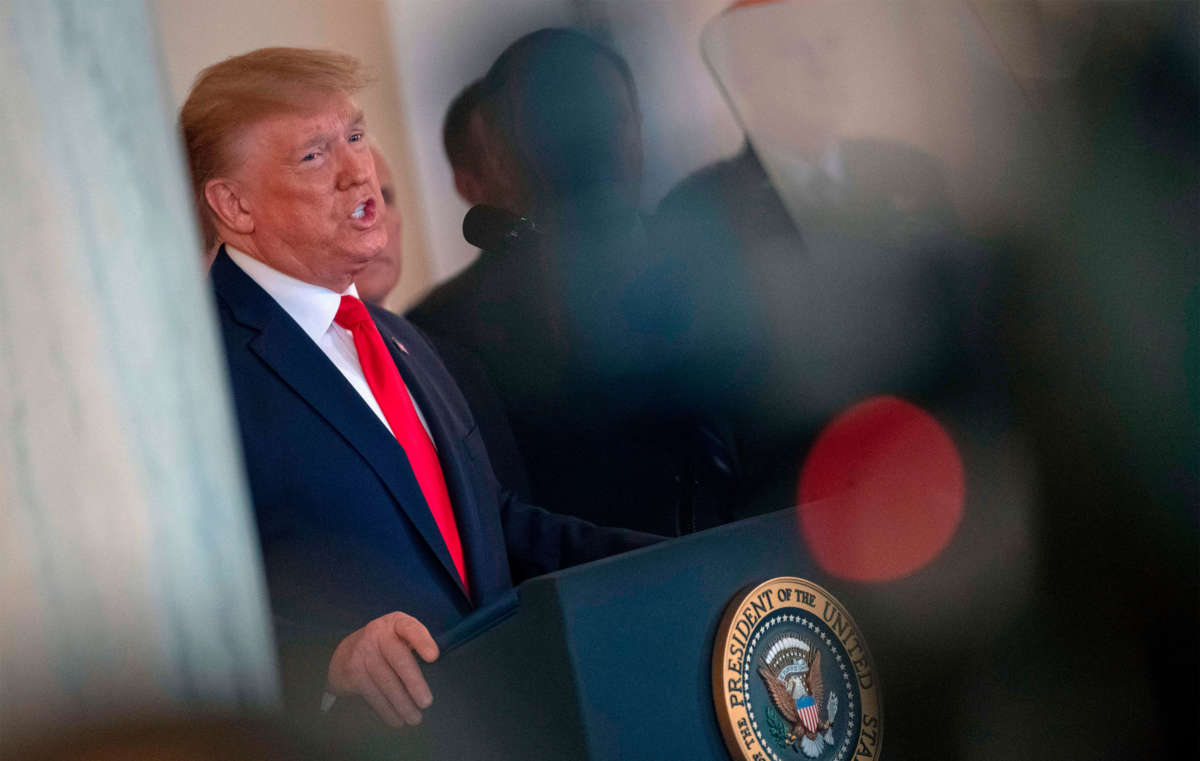 President Trump speaks about the situation with Iran in the Grand Foyer of the White House in Washington, D.C., on January 8, 2020.