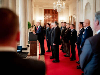 President Trump delivers remarks during a national televised address responding to Iran's retaliatory missile strikes against U.S. military and coalition forces in Iraq, on January 8, 2020, from the Cross Hall of the White House,
