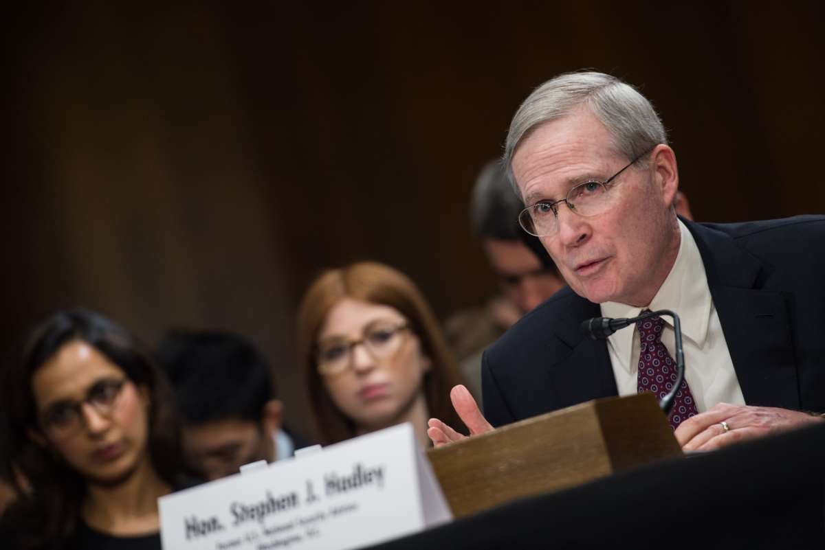Stephen Hadley delivers remarks during a hearing