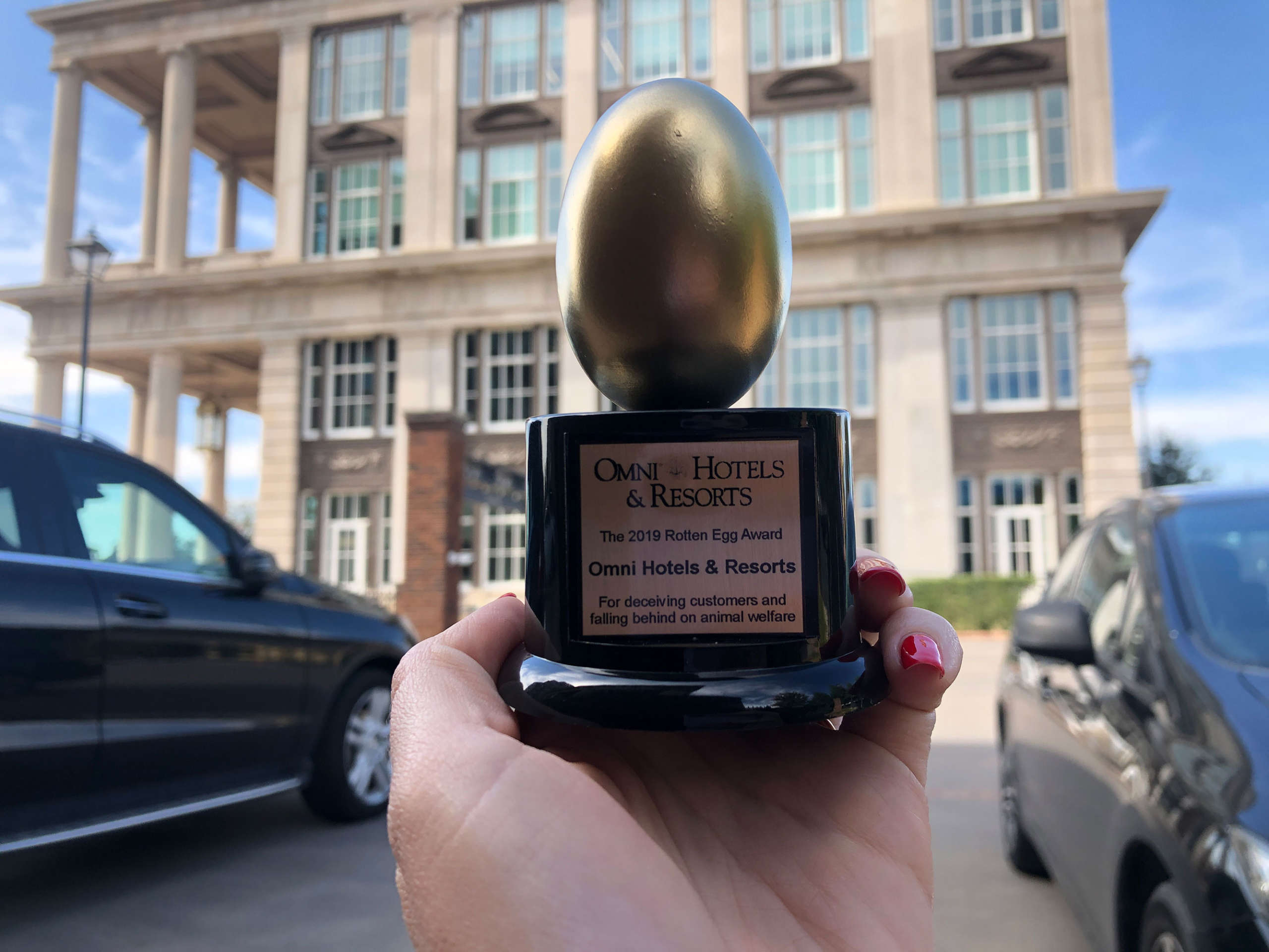 Animal advocates deliver a Rotten Egg Award to the Omni Hotels & Resorts headquarters in Dallas, TX. The award is for deceiving customers and falling behind on animal welfare.