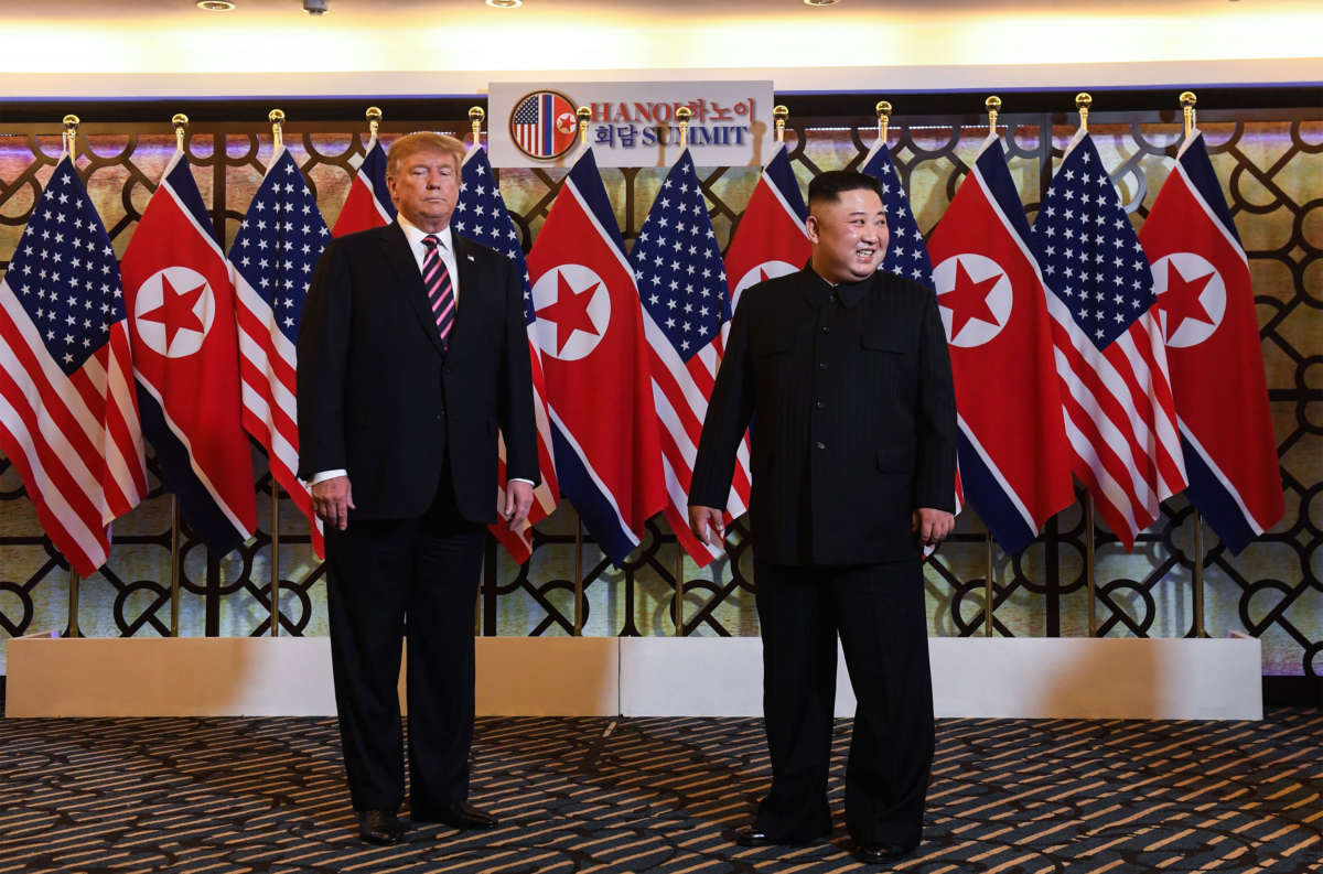 President Trump and North Korea's leader Kim Jong Un arrive for a meeting at the Sofitel Legend Metropole hotel in Hanoi on February 27, 2019.