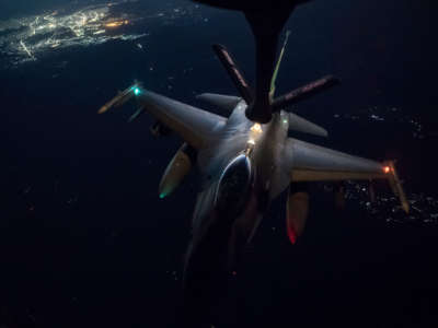 A U.S. Air Force F-16 Fighting Falcon conducts aerial refueling out of Kandahar Airfield, Afghanistan, August 19, 2019.