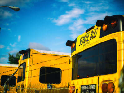 School buses behind fence