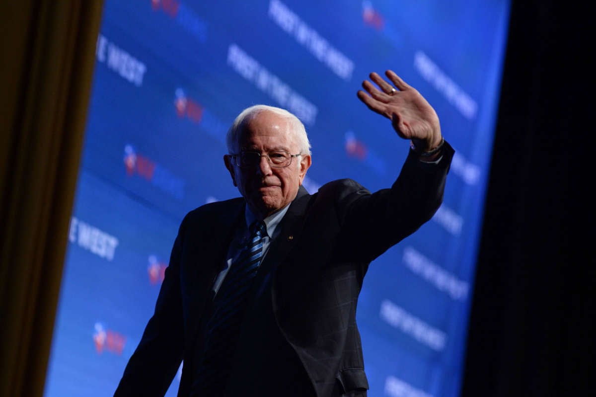Sen. Bernie Sanders waves at the audience at an event in Las Vegas, Nevada, on November 17, 2019.