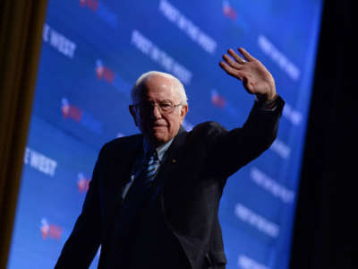 Sen. Bernie Sanders waves at the audience at an event in Las Vegas, Nevada, on November 17, 2019.
