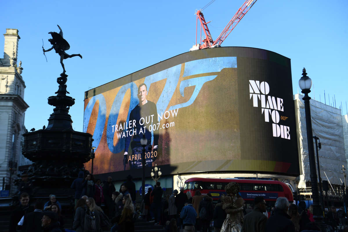 The trailer for the latest Bond film, No Time to Die, is aired for the first time on the large screen in London's Piccadilly Circus.