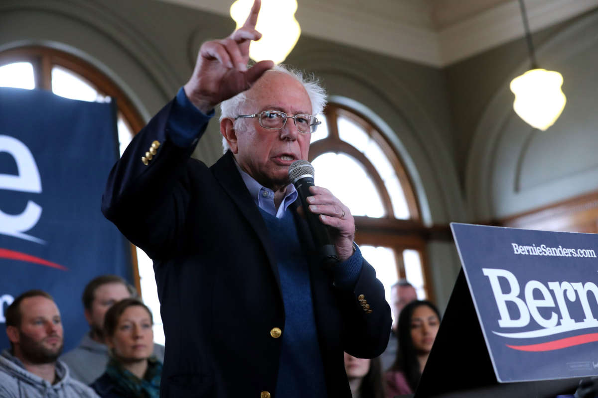 Sen. Bernie Sanders holds a campaign event at La Poste, January 26, 2020, in Perry, Iowa.