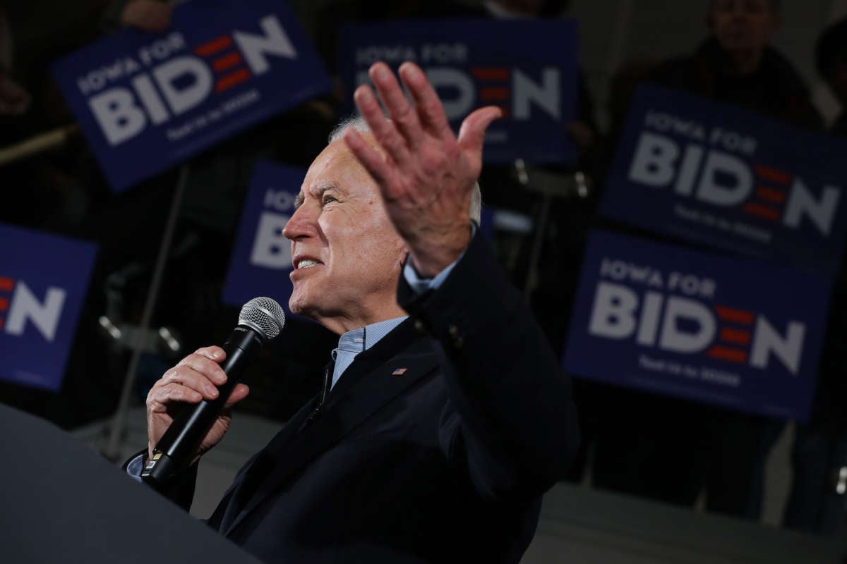 Former Vice President Joe Biden speaks during a campaign event inside the John Deere Exhibition Hall at the FFA Enrichment Center, January 25, 2020, in Ankeny, Iowa.