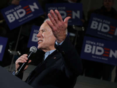 Former Vice President Joe Biden speaks during a campaign event inside the John Deere Exhibition Hall at the FFA Enrichment Center, January 25, 2020, in Ankeny, Iowa.