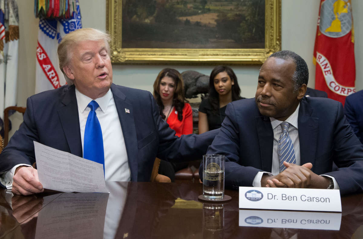 President Trump holds a listening session attended by then-nominee to lead the Department of Housing and Urban Development Ben Carson in the Roosevelt Room of the White House on February 1, 2017, in Washington, D.C.