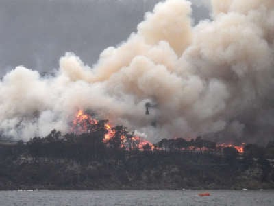 Smoke raises to the sky as a woodchip mill burns in Eden, in Australia's New South Wales state on January 6, 2020.