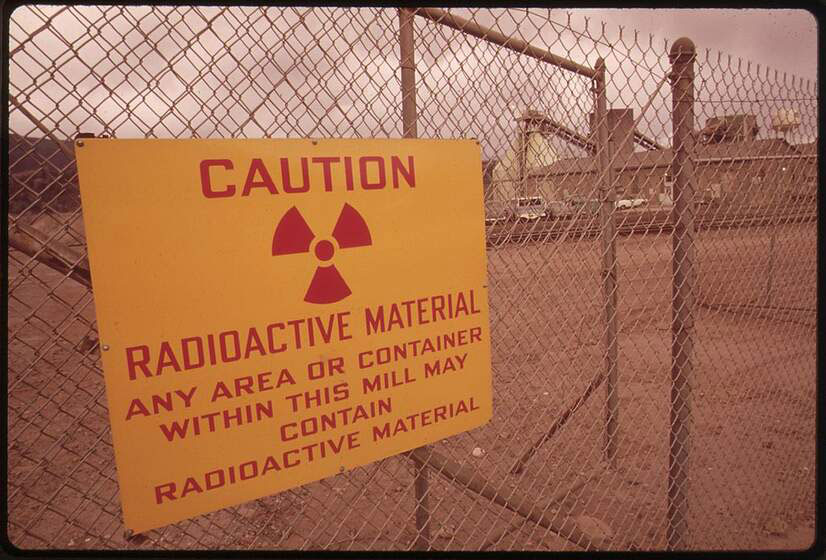 Radiation warning sign at the Union Carbide uranium mill in Rifle, Colorado, in 1972.