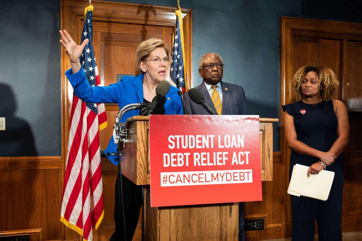 Sen. Elizabeth Warren announces a bill to cancel student loan debt on July 23, 2019. Warren recently updated her plan to clarify that she plans to use executive authority to cancel student debt, without needing to wait for Congress to act.