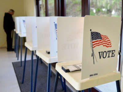 A person votes at a row of voting booths