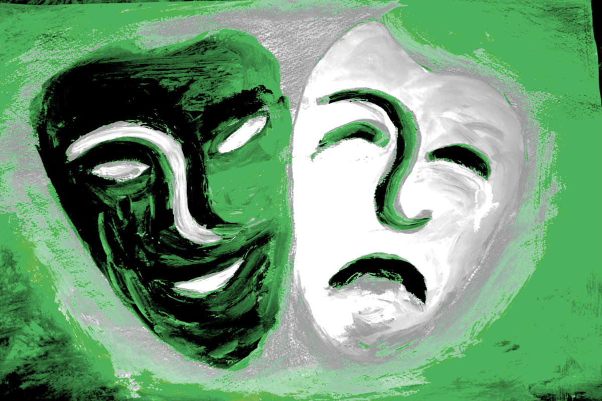 Drama masks, painted in green.
