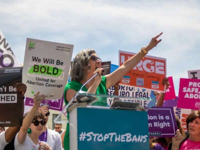 A woman speaks into a microphone as pro-choice protesters display signs behind her