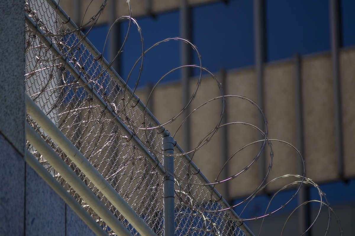 Razor wire is seen on the Metropolitan Detention Center prison on July 14, 2019, in Los Angeles, California.