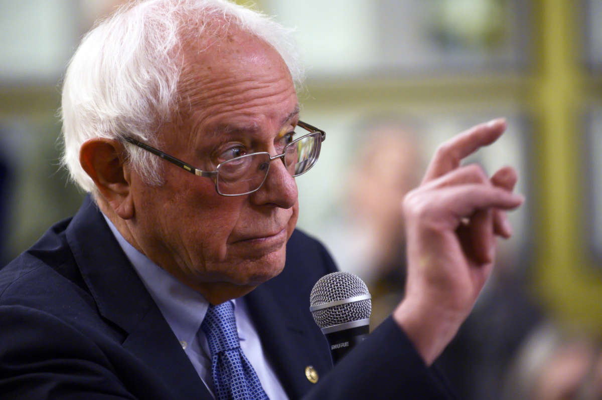 Democratic presidential candidate Sen. Bernie Sanders speaks at town hall at the National Motorcycle Museum on January 3, 2020, in Anamosa, Iowa.