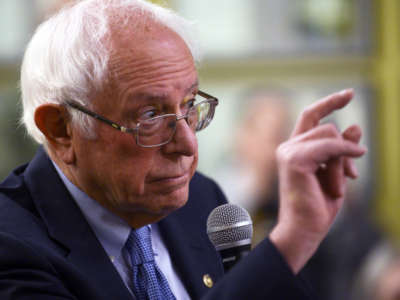 Democratic presidential candidate Sen. Bernie Sanders speaks at town hall at the National Motorcycle Museum on January 3, 2020, in Anamosa, Iowa.