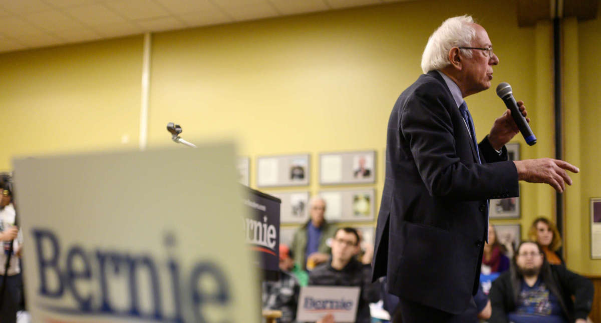 Democratic presidential candidate Sen. Bernie Sanders speaks at a town hall at the National Motorcycle Museum on January 3, 2020, in Anamosa, Iowa.