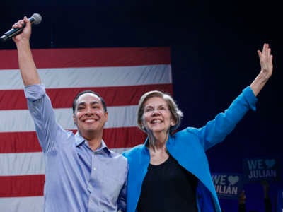 Julián Castro and Sen. Elizabeth Warren attend a rally on January 7, 2020, in New York City. After dropping out of the presidential race, former HUD Secretary Julián Castro endorsed Senator Warren for president.