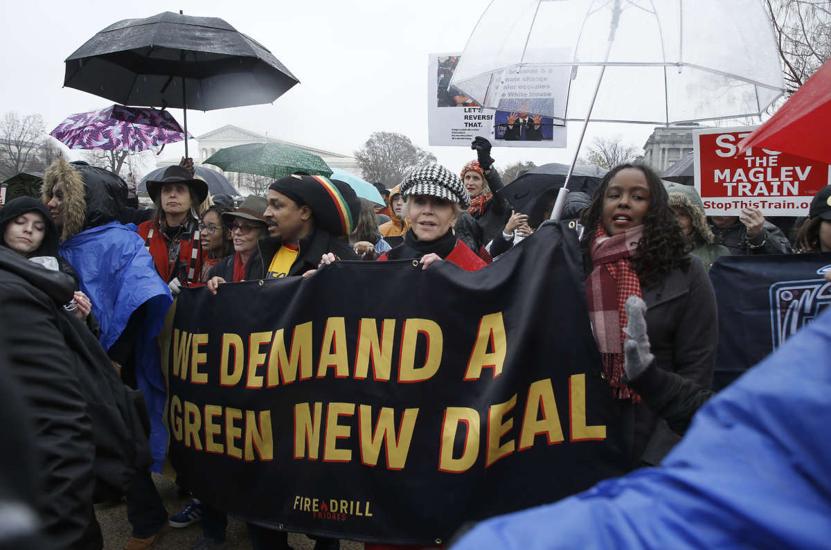 Winona LaDuke, Sally Field, Jane Fonda and Baltimore Teachers Union president Diamonté Brown demonstrate on Capitol Hill during "Fire Drill Friday" climate change protest on December 13, 2019, in Washington, D.C.