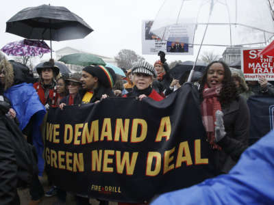 Winona LaDuke, Sally Field, Jane Fonda and Baltimore Teachers Union president Diamonté Brown demonstrate on Capitol Hill during "Fire Drill Friday" climate change protest on December 13, 2019, in Washington, D.C.