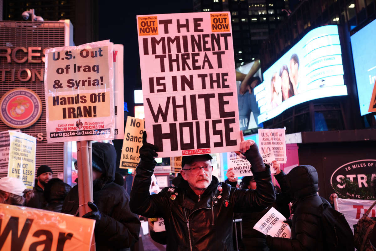 Demonstrators protest in Times Square against war with Iran on January 8, 2020, in New York City.