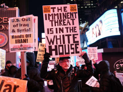 Demonstrators protest in Times Square against war with Iran on January 8, 2020, in New York City.