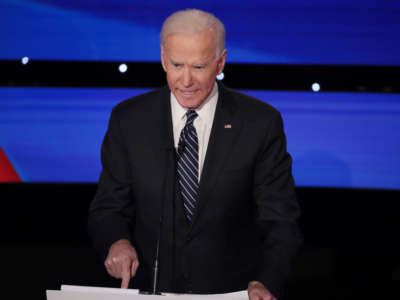 Former Vice President Joe Biden delivers his closing statement during the Democratic presidential primary debate at Drake University on January 14, 2020, in Des Moines, Iowa.