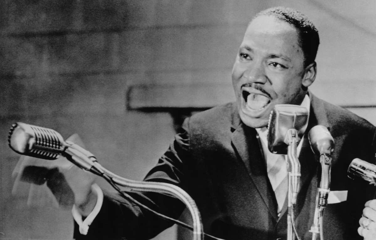 Rev. Martin Luther King Jr. speaks to a packed crowd at Fisk University in Nashville, Tennessee, on May 3, 1964.