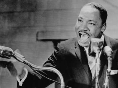 Rev. Martin Luther King Jr. speaks to a packed crowd at Fisk University in Nashville, Tennessee, on May 3, 1964.